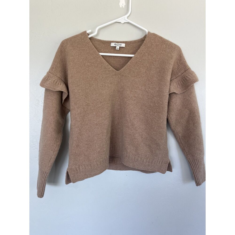 Madewell Ruffle Sleeve V Neck Knit Sweater Tan Size L